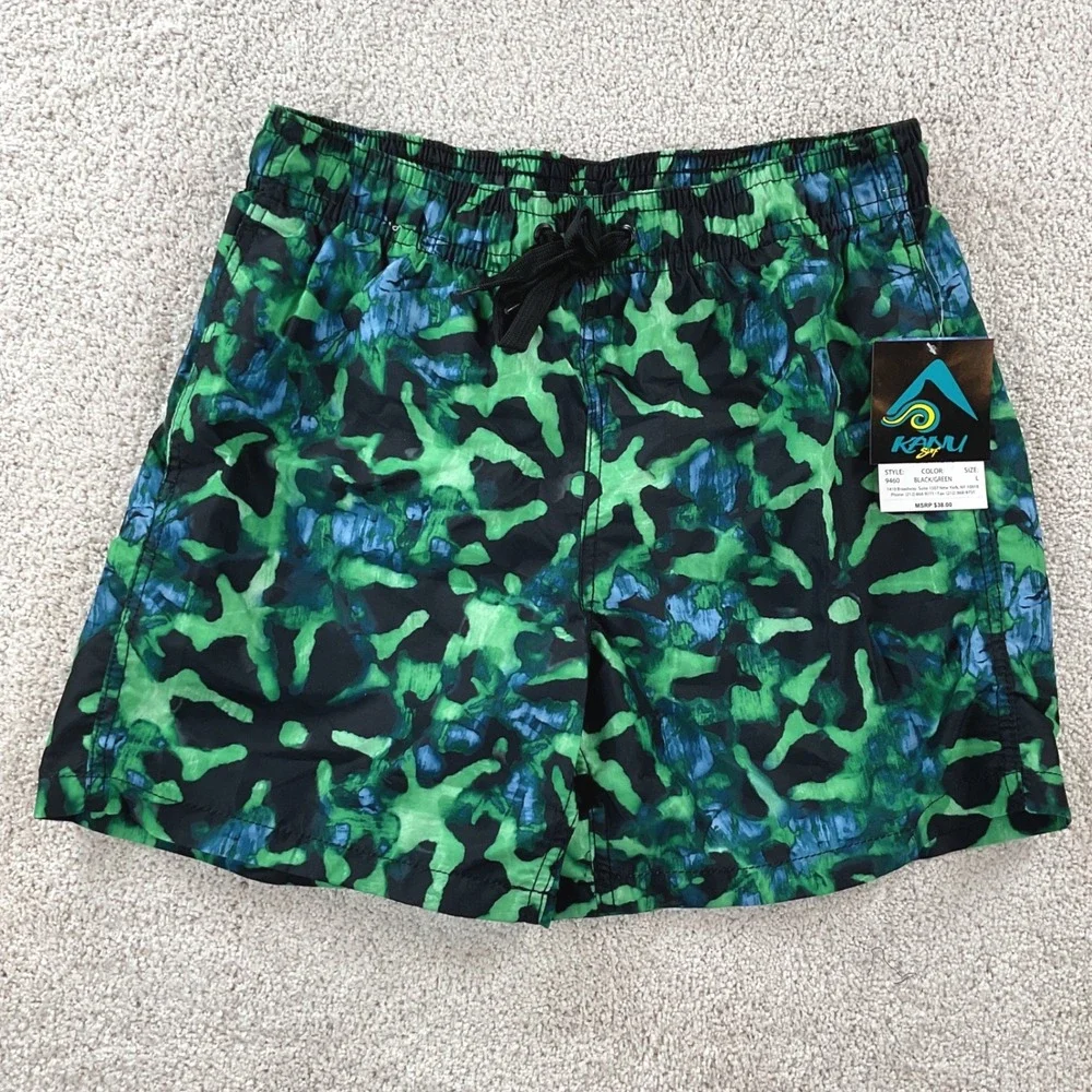 Kanu Surf Mens Hydro Swim Trunks Green Black‎ Abstract Camo Mesh Lined Large NEW